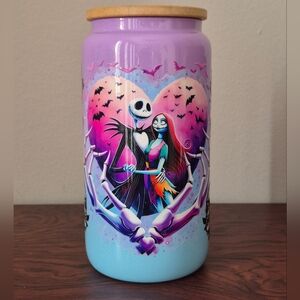 Jack Skellington heart purple glitter blue lid Reusable straw 16oz Glass Tumbler